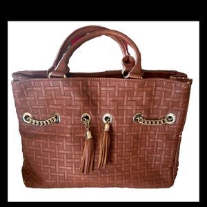 Big Buddha Top Handle Basketweave Texture Brown Boho Tassel Tote Bag